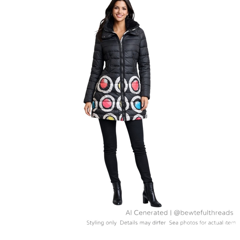 Desigual x Christian Lacroix Art Print Puffer Jacket Faux Fur Collar